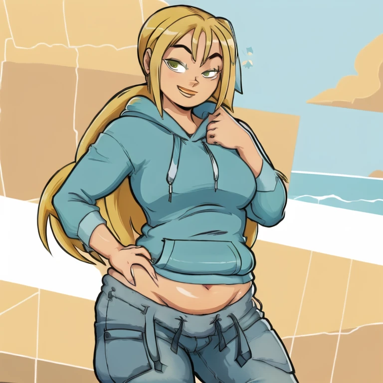 ((masterpiece,best quality)), absurdres,
Bridgette_Total_Drama, denim, hoodie, 
solo, body plus, SSBBW, big ass, smiling, looking at viewer, cowboy shot, 
cinematic composition, contrapposto