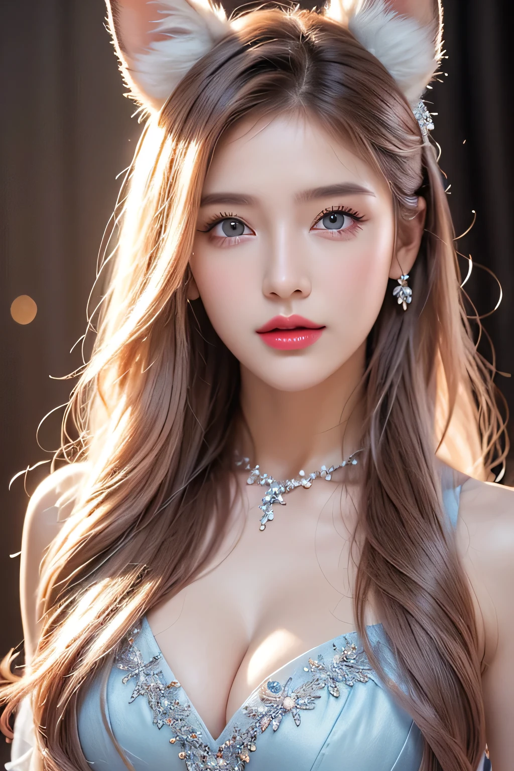 High-quality work,Realistic works,Super premium graphics,8K HD CG works,high quality graphics,High-definition and exquisite CG works,10x pixels,Ultra-fine details:1.1,Advanced technical details:1.1Realistic photo effects,Interior lighting effects:1.5,natural soft light:1.5. Light effect(Virtual light effects:1.8),Ultra-high resolution,shining dress,sliver long hair,silber hair,transparenthair,high detailed hair(Quality hair details:1.1)Clear eyes,Double eyelids look good,Sharp eye makeup, Create exquisite eyelash makeup, tthin eyebrows, Ultra-detailed eyes,a tall nose, lovely red lips, rosey cheeks, With delicate makeup on her face , pretty face, The face shape is perfectly proportioned,(Advanced facial details:1.1) Wearing a blue dress、pink haired woman,Fox ears,ice crystals,Ice World,Crystal clear,Blue eyes, ,Women's artwork,Dress full body video,Reality,Amazing Cleavage,My eyes are very bright today