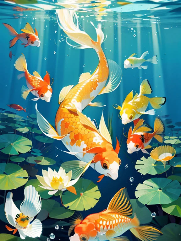 (absurdres, highres, ultra detailed), yellow, orange, white koi fish underwater, waterlilies, bluegreen water