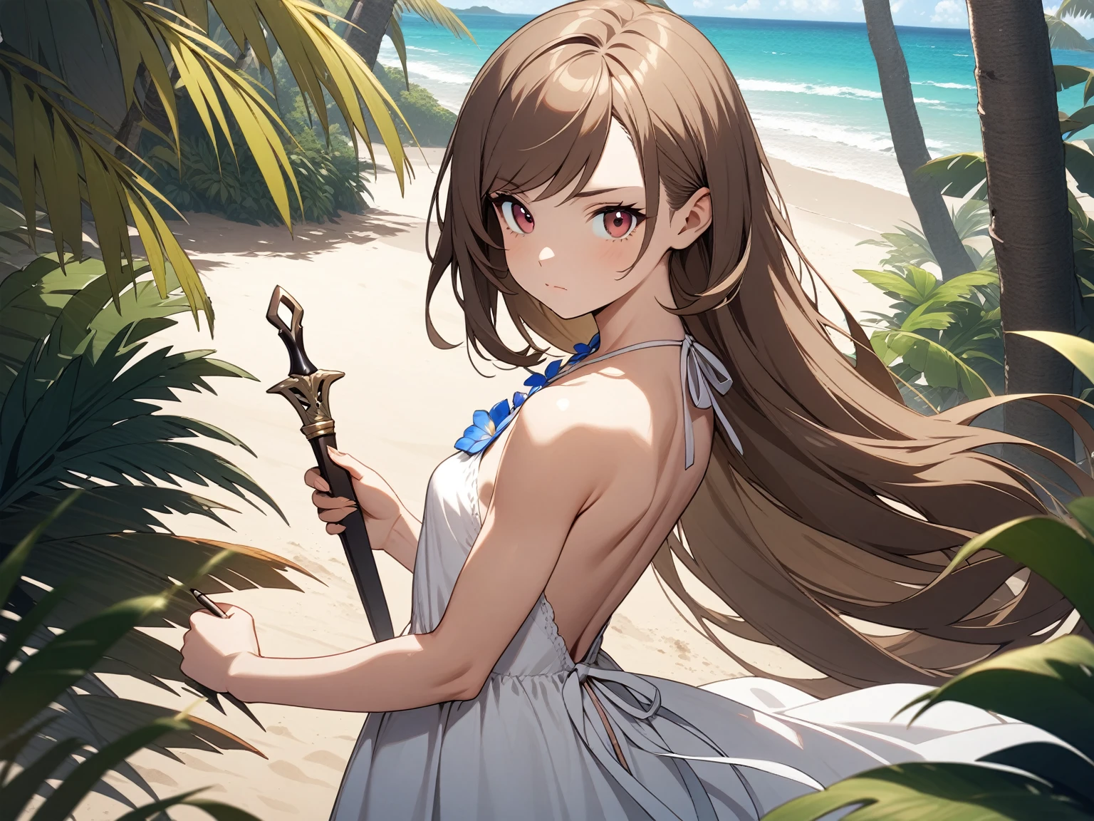 Close up, 1girl, solo, toned female, small breasts, brown hair, swept bangs, very long hair, brown eyes, floral halter neck backless sundress, leather boots, closed mouth, outdoors, sand, tropical plants, grass, tree, looking at viewer, standing, holding dagger, day, medieval fantasy.
