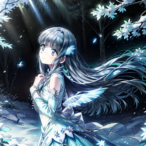 A gorgeous picture of Miyuki Shiba in a fantastic snow and ice forest，Many scattered crystal trees、Accessories、Shine in the center，Beautiful transparent flowers, Transparent colorful wings, The wand flutters in the wind､The wand flashed with starlight，Golden wand，transparent feathers，fanciful、Starskrim、cleanness、glimmering、icy blue、Light、with light glowing，Magic pictures,Delicate leaves and branches are surrounded by motes of silvery light（nature elements），（Snow theme），（Frost covered foliage），（tree branch），（glowworm），（Particle effect），Masterpiece, Super detailed, Epic composition, Highest quality, 8K，Epic romantic fantasy digital art，Epic fairy tale fantasy digital art，Mythological fantasy，tmasterpiece，high qulity，8K，UHD resolution，Detailed detail drawing，realisticlying，Very realistic，cinmatic lighting,an award winning photograph,rich colours，hyper realistic lifelike texture，dramatic  lighting