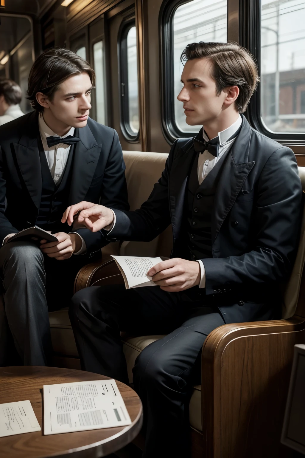 Thomas Cook talking to a train company representative in 1841.