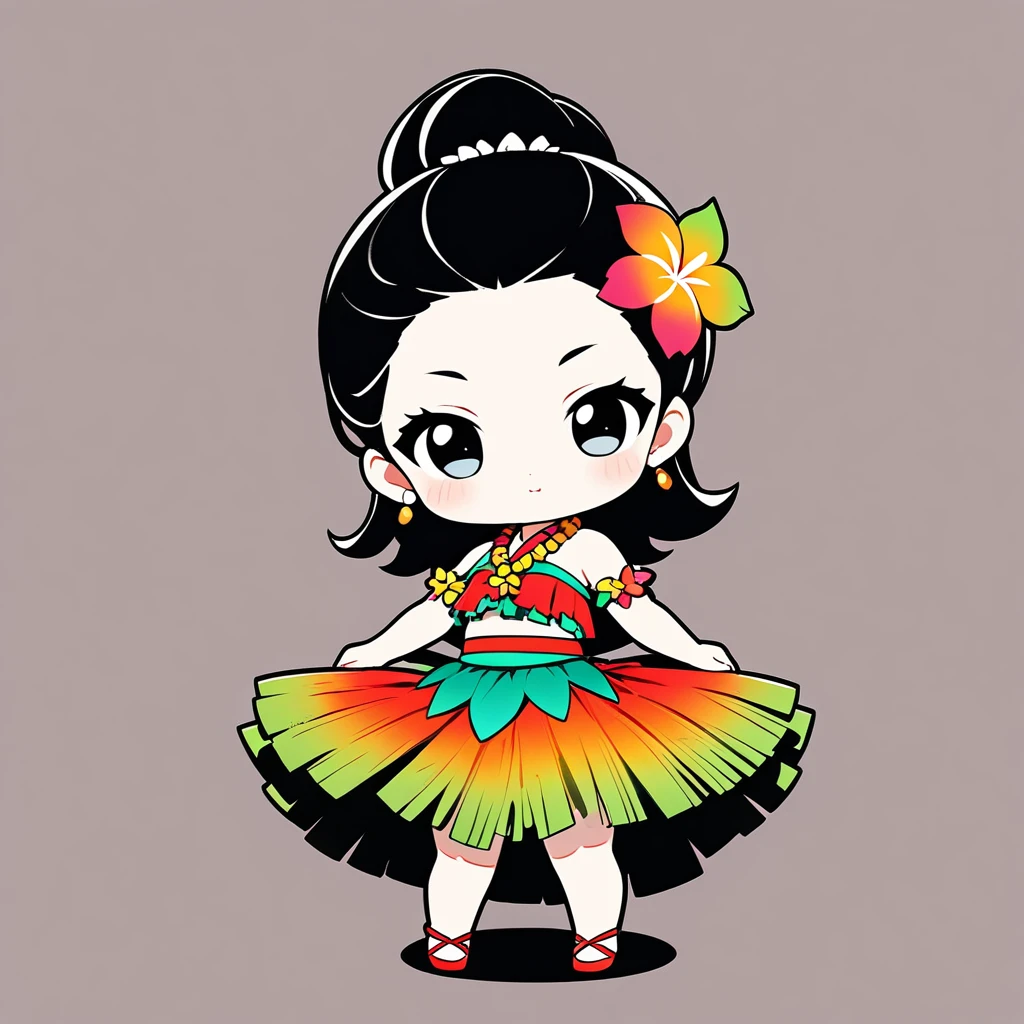 ultra-small deformation, Chibi Cute, 1girl, solo, full body, Hawaiian dancer, hula dance costume, High contrast and vivid color, simple background