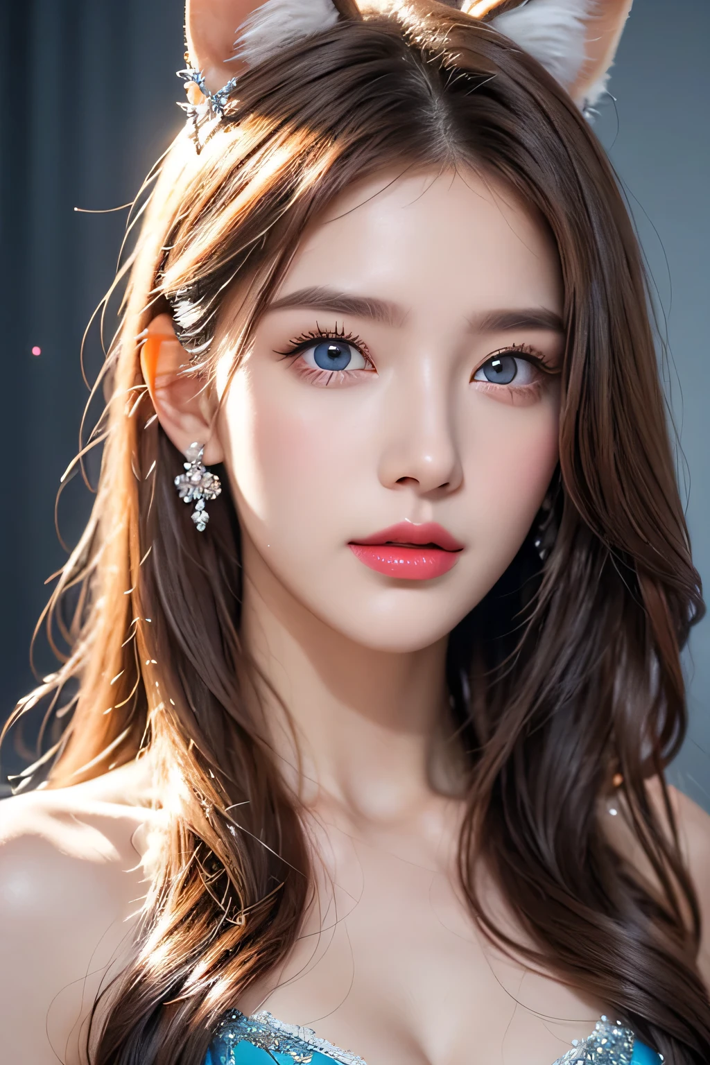 High-quality work,Realistic works,Super premium graphics,8K HD CG works,high quality graphics,High-definition and exquisite CG works,10x pixels,Ultra-fine details:1.1,Advanced technical details:1.1Realistic photo effects,Interior lighting effects:1.5,natural soft light:1.5. Light effect(Virtual light effects:1.8),Ultra-high resolution,shining dress,sliver long hair,silber hair,transparenthair,high detailed hair(Quality hair details:1.1)Clear eyes,Double eyelids look good,Sharp eye makeup, Create exquisite eyelash makeup, tthin eyebrows, Ultra-detailed eyes,a tall nose, lovely red lips, rosey cheeks, With delicate makeup on her face , pretty face, The face shape is perfectly proportioned,(Advanced facial details:1.1) Wearing a blue dress、pink haired woman,Fox ears,ice crystals,Ice World,Crystal clear,Blue eyes, ,Women's artwork,Dress full body video,Reality,Amazing Cleavage,My eyes are very bright today