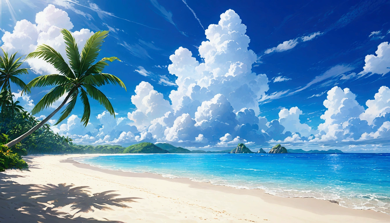 Tropical Beach,Summer Clouds,Daytime,Highest quality, 8k, High resolution, masterpiece:1.2, Very detailed, Realistic:1.37, High resolution, 超High resolution, Very detailed, Professional, Vibrant colors