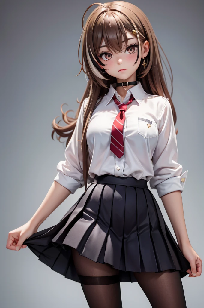 There's this 14 year old freshman at high school, and her name is "Yuki". She's short and , with pale skin, dark indigo eyes, and long black hair that falls down to the middle of her back, with some of it covering the gap between her eyes. Wears a fairly typical of a white button up shirt, red tie, red pleated skirt, and black pantyhose.
