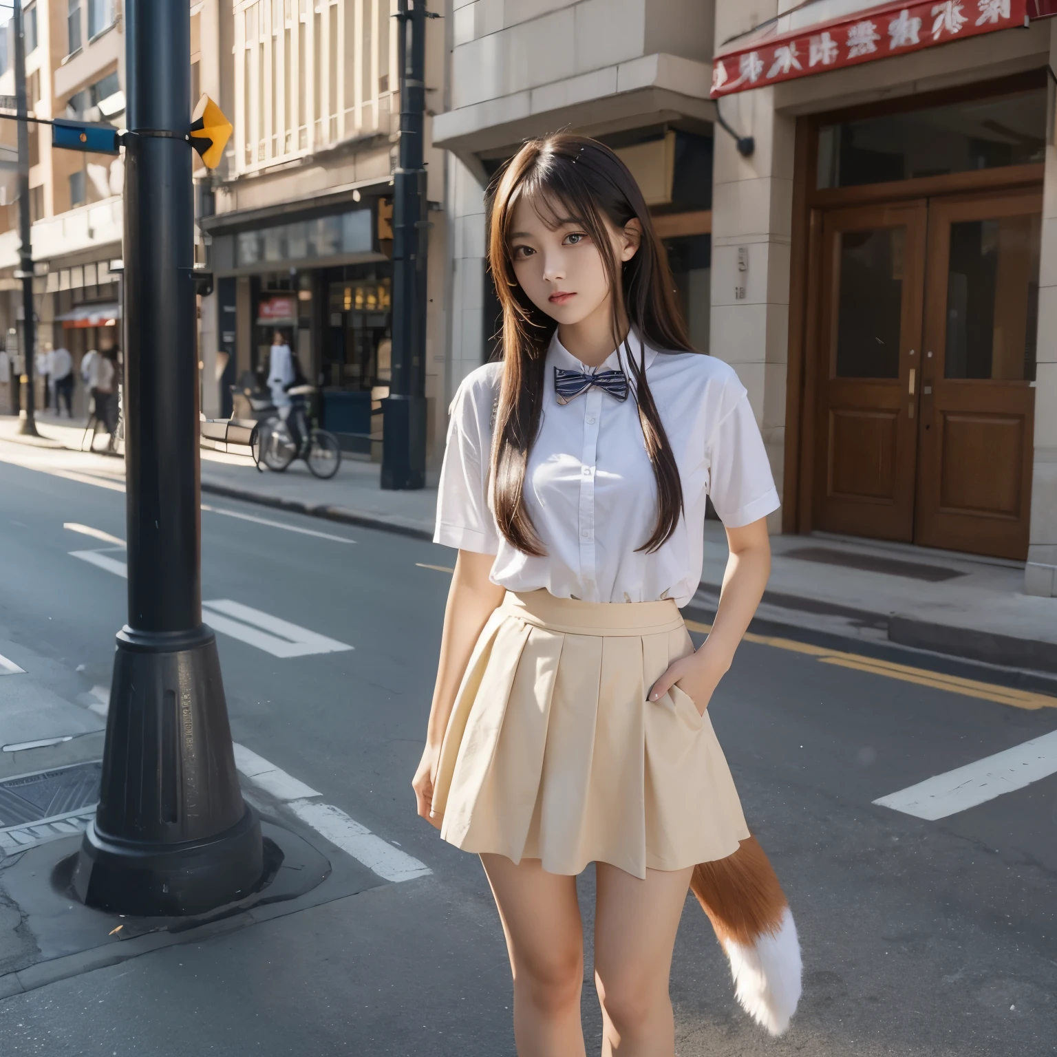 ((Highest quality)), ((masterpiece)), (Get used to it), Perfect Face, Fox Girl, Beautiful woman, public, Female college student, uniform, Inner skirt tail, She hides her fox tail with her skirt, She has a bushy tail, Troubled face