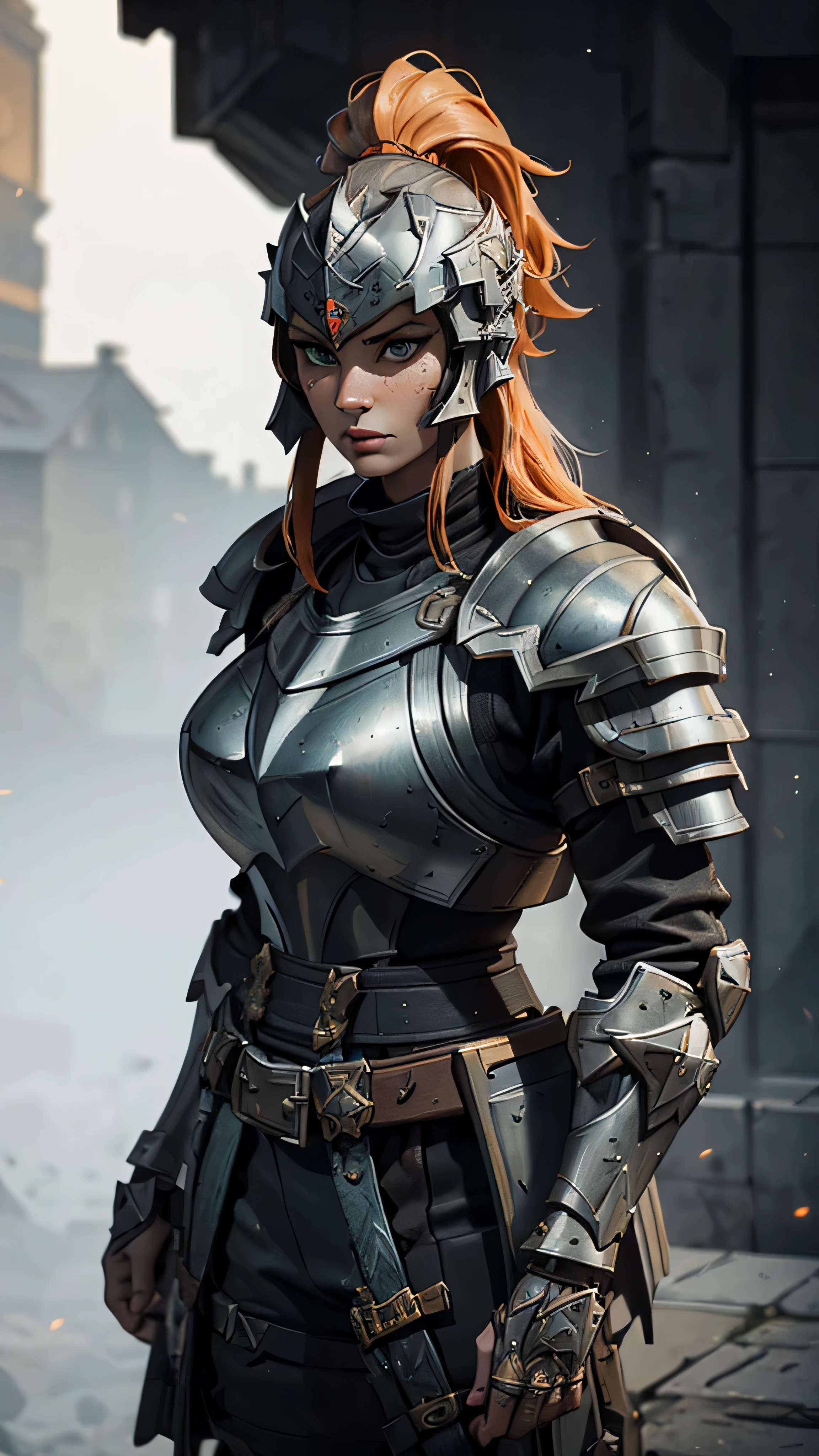 muscled warrior, male, ((long) ginger beard), dark gray (helmet), dark gray (armor), plates, (crossbow), (bow), (big shield), (masterpiece, best quality), (green eyes), (hyper realistic:1.6), ((detailed face)), ((award-winning)), (sharp), (8k resolution), (cinematic lighting)