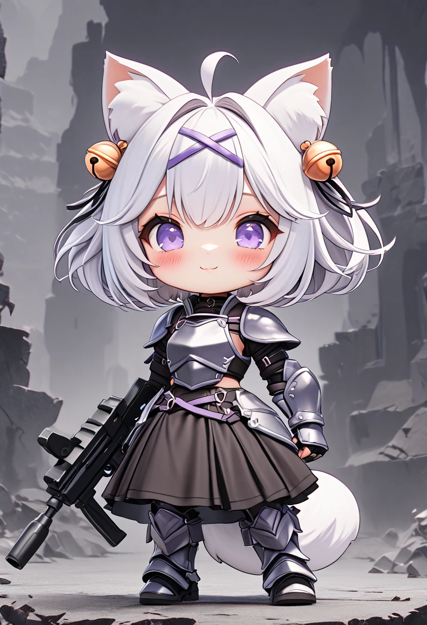 master piece, best quality, ultra-detailed, illustration, 1girl, solo, chibi, (big head), cute pose, front view, looking at viewer, ((full body Close up)), Filiansailor, (purple hairclip:1.5), (hair bell:1.5), white hair, short hair, cat ears, ahoge, purple eyes, blush, smiling, fluffy tail, black knight armor, short cape, metal breastplate, black gauntlet, armored skirt, metal greaves, armored boots, (holding machine gun:1.5) battlefield background, gloomy atmosphere, broken castle, broken walls, broken windows