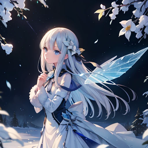 A gorgeous picture of Reines El-Melloi in a fantastic snow and ice forest，Many scattered crystal trees、Accessories、Shine in the center，Beautiful transparent flowers, Transparent colorful wings, The wand flutters in the wind､The wand flashed with starlight，Golden wand，transparent feathers，fanciful、Starskrim、cleanness、glimmering、icy blue、Light、with light glowing，Magic pictures,Delicate leaves and branches are surrounded by motes of silvery light（nature elements），（Snow theme），（Frost covered foliage），（tree branch），（glowworm），（Particle effect），Masterpiece, Super detailed, Epic composition, Highest quality, 8K，Epic romantic fantasy digital art，Epic fairy tale fantasy digital art，Mythological fantasy，tmasterpiece，high qulity，8K，UHD resolution，Detailed detail drawing，realisticlying，Very realistic，cinmatic lighting,an award winning photograph,rich colours，hyper realistic lifelike texture，dramatic  lighting