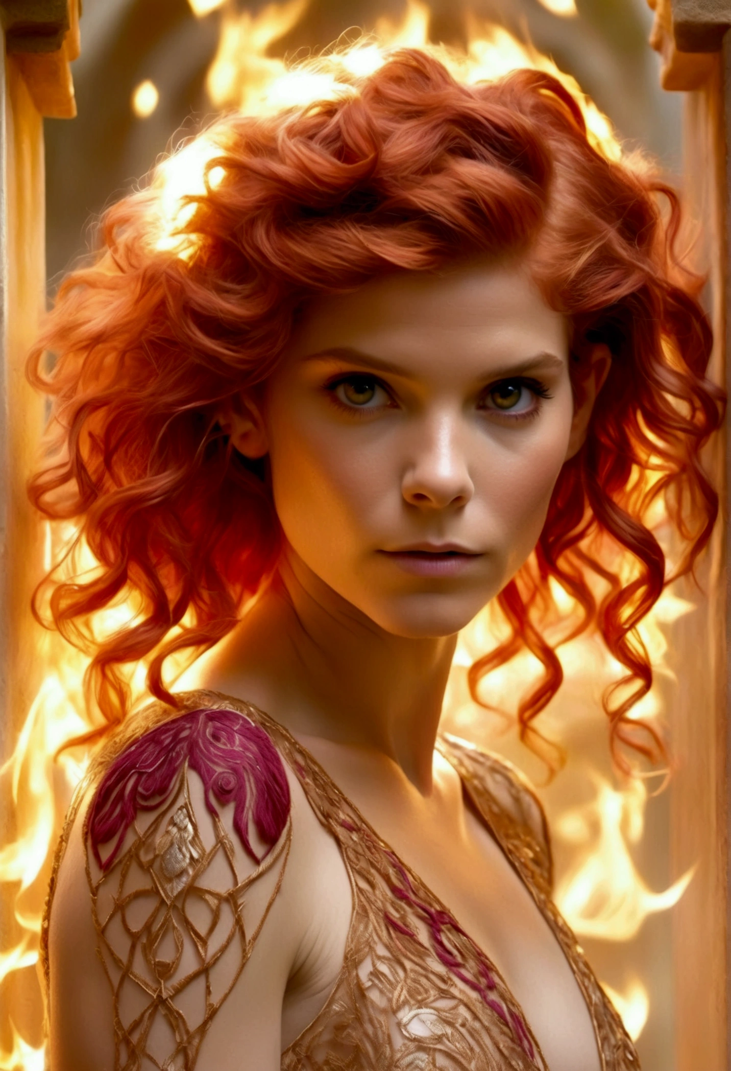 Kate Mara, age 25 (sun elf, almond skin, fire red hair curly, over large violet eyes, sheer golden silk gown with intricate embroidery, no underwear) doing a ritual dance to greet the sun, ivy covered shrine