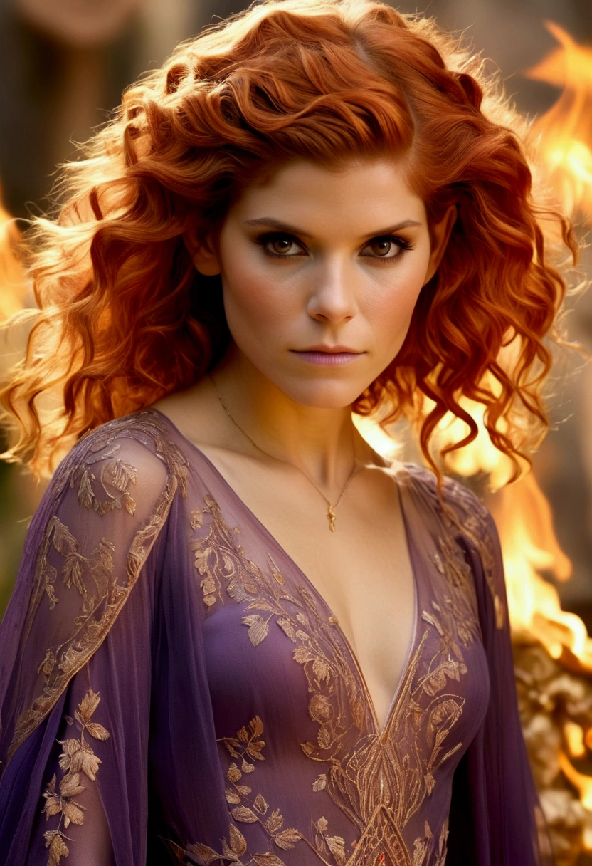 Kate Mara, age 25 (sun elf, almond skin, fire red hair curly, over large violet eyes, sheer golden silk gown with intricate embroidery, no underwear) doing a ritual dance to greet the sun, ivy covered shrine