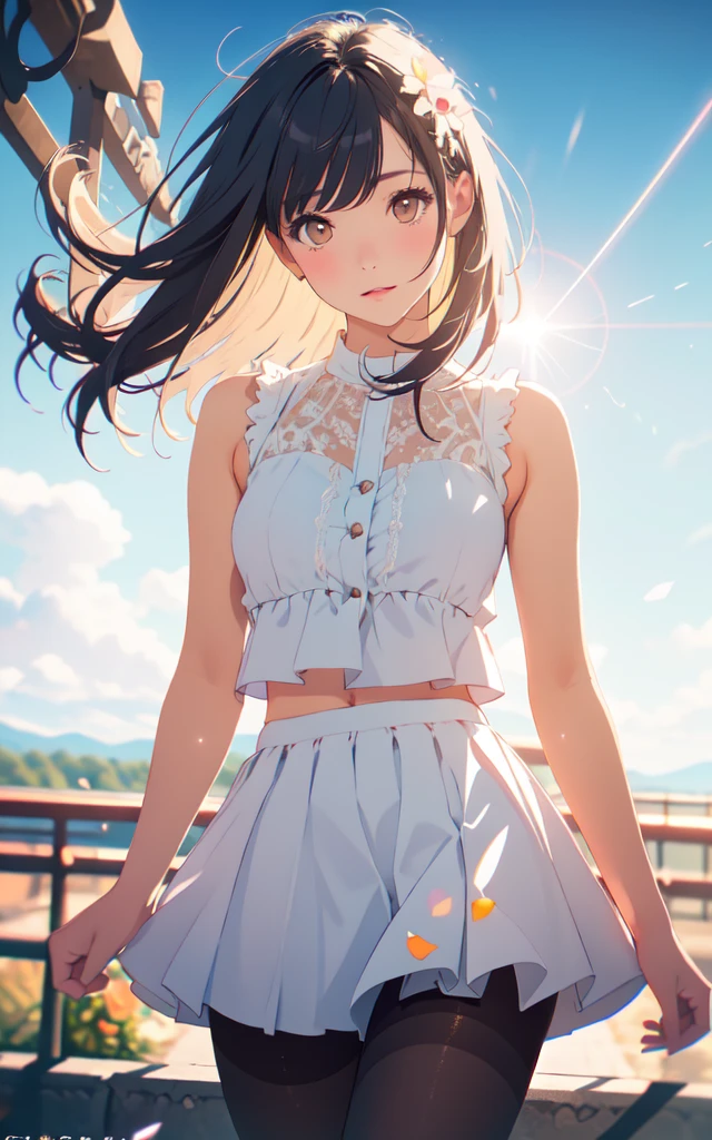 Front facing, facing this way、
Gal's more beautiful smile、
More cute casual summer outfits、Cute mini skirt、
More beautiful thighore beautiful colorful pantyhose、
Beautiful dark clouds, (Cowboy Shot:1.4), Beautiful and realistic,
Beautiful masterpiece, Beautiful and top quality, Beautiful backlight, (Lens flare:1.1), (bloom:1.1), (chromatic aberration:1.1)
flowerpunk