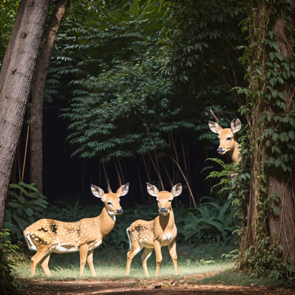 nature shot with wide shot of a dark jungle scene,face of a baby golden-deer hiding between the bushes,hunting,nightfall,dimmly lit,intense gaze,tension,perfect composition,masterpiece,best quality,Outdoors,greenery,natural light,fresh,vivid contrast,vivid color,Hyperrealistic art cinematic film still photography in the style of detailed hyperrealism photoshoot,