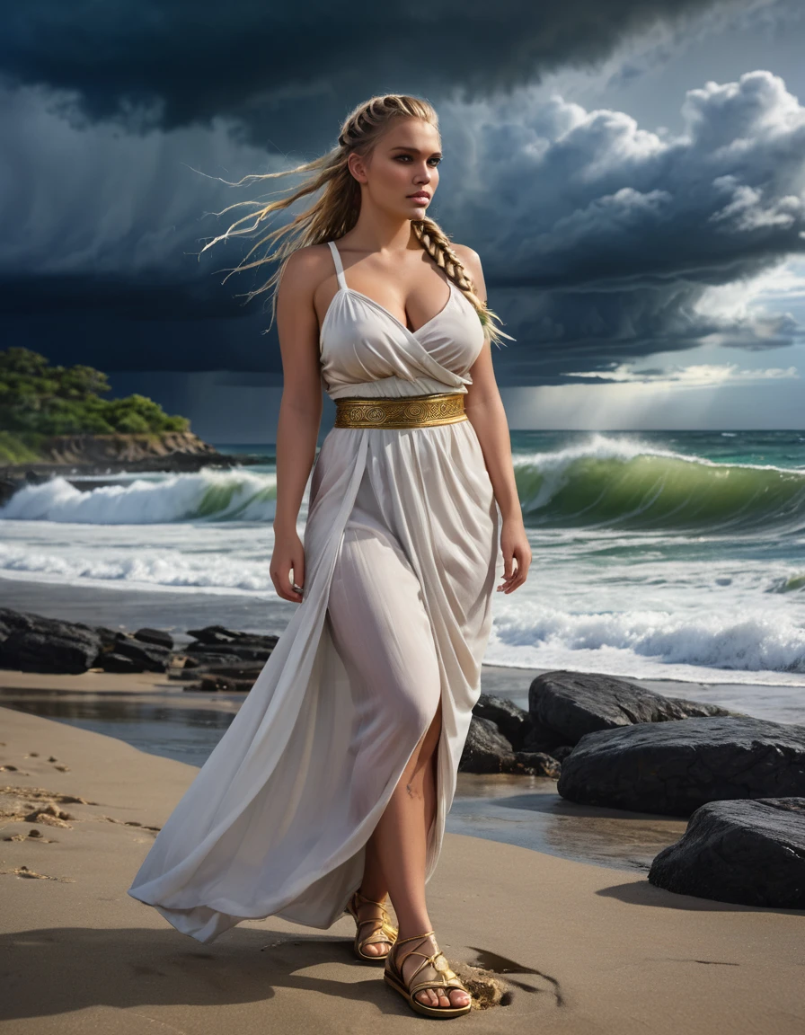 a beautiful busty woman with long braided blonde hair,extremely detailed face and eyes,perfect facial features,detailed clothing,white sheer wet toga,golden sandals,standing on a beach,stormy dark clouds,cinematic dramatic lighting,detailed ocean waves,rocky coastline,photorealistic,high quality,intricate details,vibrant colors,dramatic lighting