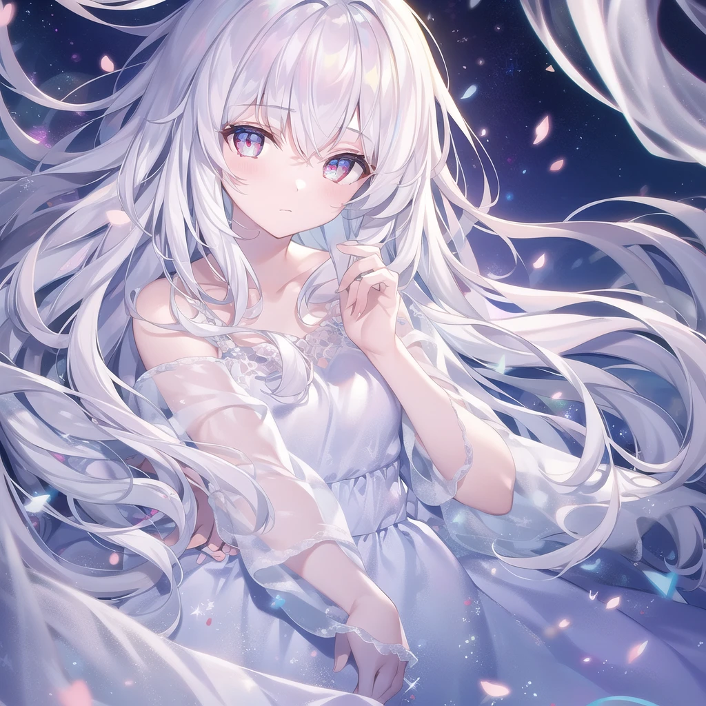 ((masterpiece, best quality))++, Detailed lighting+, Detailed hair+, Detail hand+ ,1 girl, Miss, Long hair, Crimson eyes, beautiful eyes, young white hair,,(Beautiful white hair:1.5),(Beautiful and delicate eyes), high resolution+,glass tint, Reflective eyes, {{angle}} , Very detailed wallpaper, The original, Air bangs,Extremely beautiful CG,Firefly,Galaxy,Shattered like a mirroghting,Galaxy