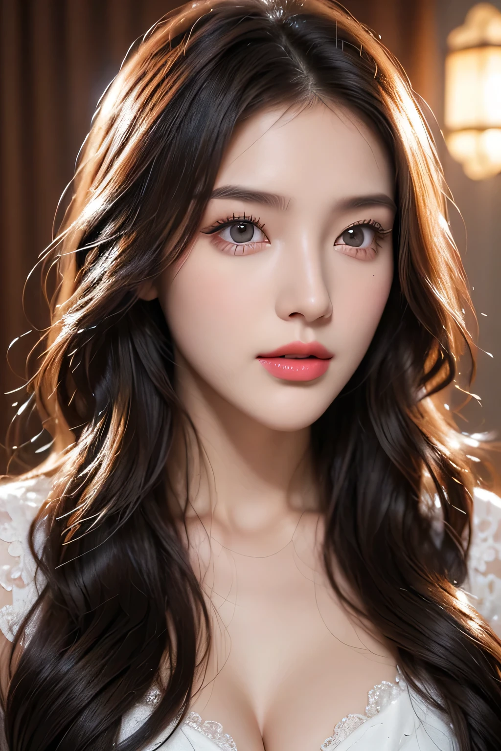 High-quality work,Realistic works,Super premium graphics,8K HD CG works,high quality graphics,High-definition and exquisite CG works,10x pixels,Ultra-fine details:1.1,Advanced technical details:1.1Realistic photo effects,Interior lighting effects:1.5,natural soft light:1.5. Light effect(Virtual light effects:1.8),Ultra-high resolution,shining dress,sliver long hair,silber hair,transparenthair,high detailed hair(Quality hair details:1.1)Clear eyes,Double eyelids look good,Sharp eye makeup, Create exquisite eyelash makeup, tthin eyebrows, Ultra-detailed eyes,a tall nose, lovely red lips, rosey cheeks, With delicate makeup on her face , pretty face, The face shape is perfectly proportioned,(Advanced facial details:1.1)(bionde),((((A face waiting for a kiss)),((Approaching kissing face))),((Urgent kissing face)))、Focus on the face、White、Eye color random ,Women's artwork,Dress full body video,Reality,Amazing Cleavage,My eyes are very bright today