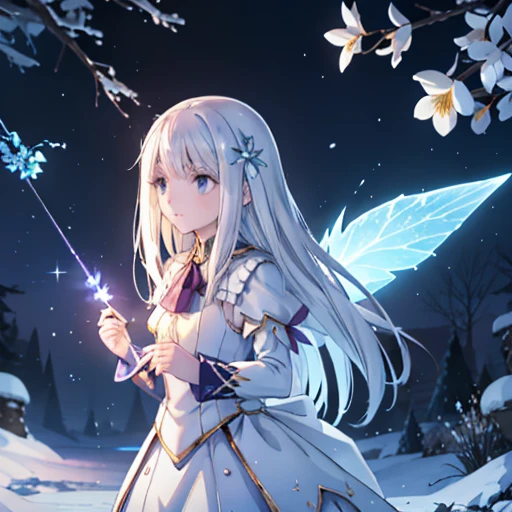 A gorgeous picture of Illya von Einzbern in a fantastic snow and ice forest，Many scattered crystal trees、Accessories、Shine in the center，Beautiful transparent flowers, Transparent colorful wings, The wand flutters in the wind､The wand flashed with starlight，Golden wand，transparent feathers，fanciful、Starskrim、cleanness、glimmering、icy blue、Light、with light glowing，Magic pictures,Delicate leaves and branches are surrounded by motes of silvery light（nature elements），（Snow theme），（Frost covered foliage），（tree branch），（glowworm），（Particle effect），Masterpiece, Super detailed, Epic composition, Highest quality, 8K，Epic romantic fantasy digital art，Epic fairy tale fantasy digital art，Mythological fantasy，tmasterpiece，high qulity，8K，UHD resolution，Detailed detail drawing，realisticlying，Very realistic，cinmatic lighting,an award winning photograph,rich colours，hyper realistic lifelike texture，dramatic  lighting