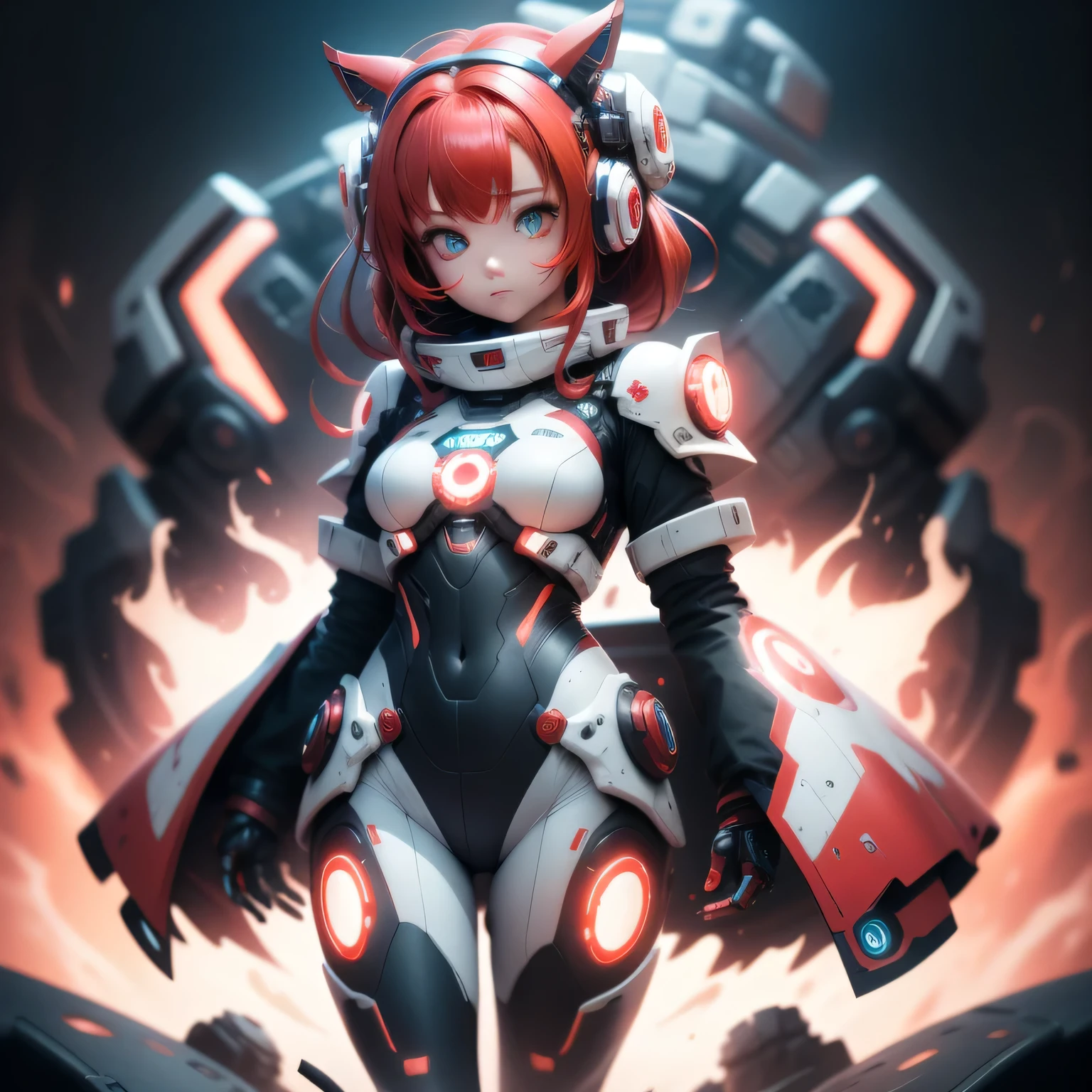 Mechagirl,masterpiece,bestquality,1girl,redhairmediumhairtopknot,glowingeyes, red, white, full body