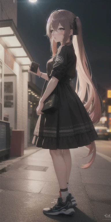 masterpiece, best quality, Walnut V4, 1 Girl, Solitary, blush, Double tail, Long hair, Hair between the eyes, ((Streetwear)), City, outdoor, night, Movie Posters, Ultra-detailed 8K, Smooth, high resolution, Ultra-high quality, light, Ambient Occlusion, HD, 2k, 4K, 8K, 16K, Extremely detailed animation, Delicate face, Perfect composition, Wide-angle lens, Atmospheric lighting,