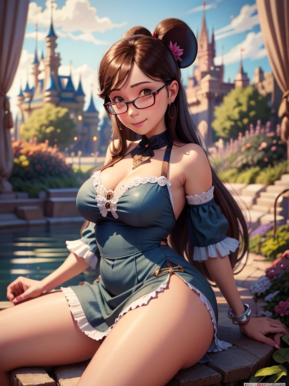 (masterpiece), (Best Quality), (extremely detailed), margo gru, Very short blue dress White apron, black headband, long hair tied and forming a dark brown tail, will be wearing brown glasses, Long white socks that will reach the height of the , She will be in a very sensual sitting pose and her legs will be wide open like a gymnast and her pink vagina w seen and she will be looking at the viewer with a sensual and seductive face., in a flower garden, (pond), (((Disney castle in the background))), (blue sky), (sunny day), 3D. illustration, Good highlights, perfect proportions, dynamic, professional, awarded, (very detailed skin), (Very detailed face), photorealistic, HdR, ultra high resolution, absurdities, perfect body shape, Nice smile, big breasts, vtocks, Wide hips, very