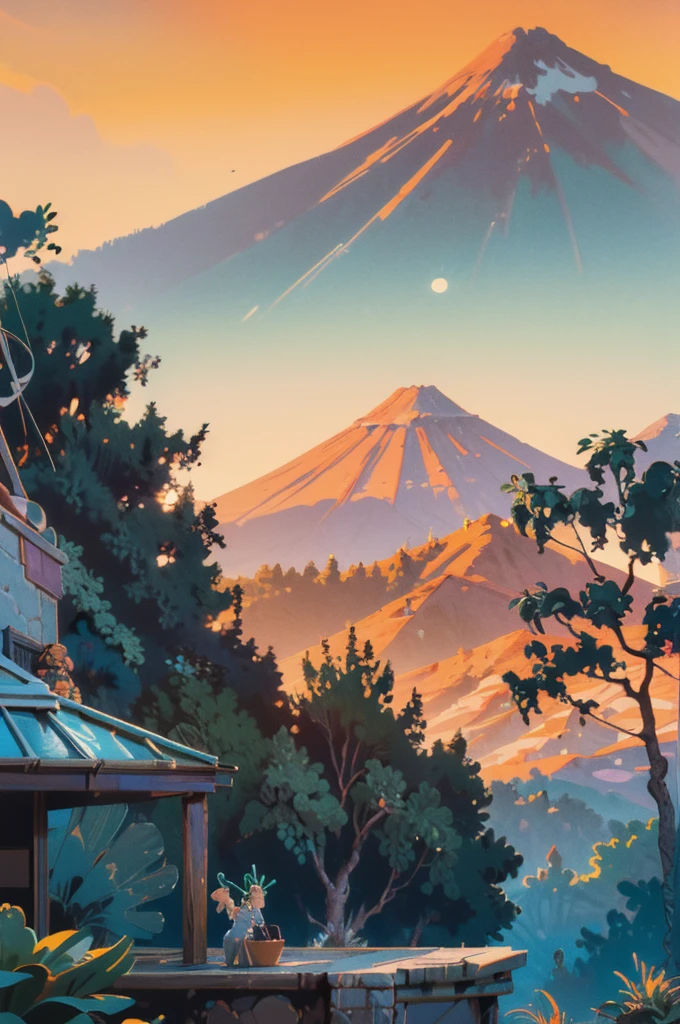 small and beautiful modern house in top of big boulders, terraces, pool, stairs, multiple cacti gardens, palms, trees, rocks, beautiful landscape design, mountains and volcano y background, amazing clouds, sun, moon, planets, milky way galaxy, concrete, wood, glass and steel materials, olive green, violet, orange and withe colors in facade
