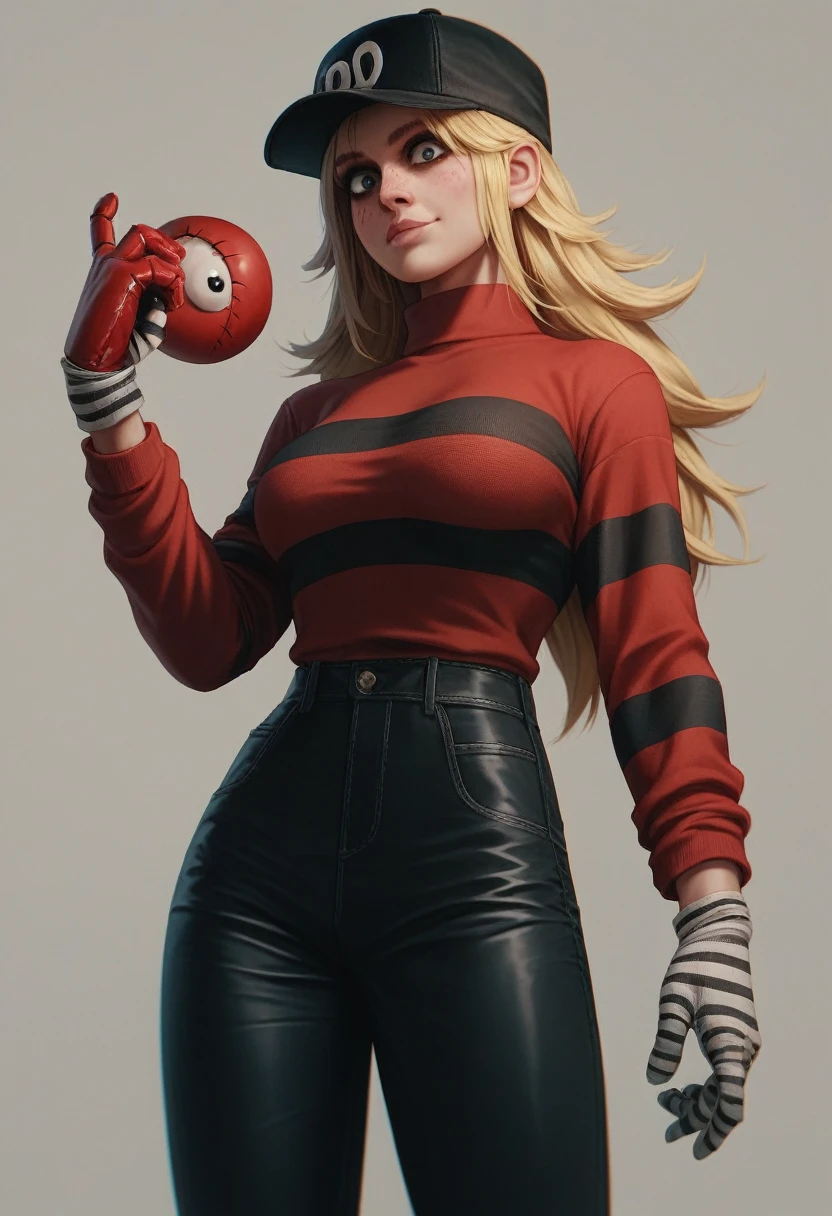 woman, striped sweater, red sweater, black pants, Freddy Krueger glove, hat, blonde, long hair, 3d