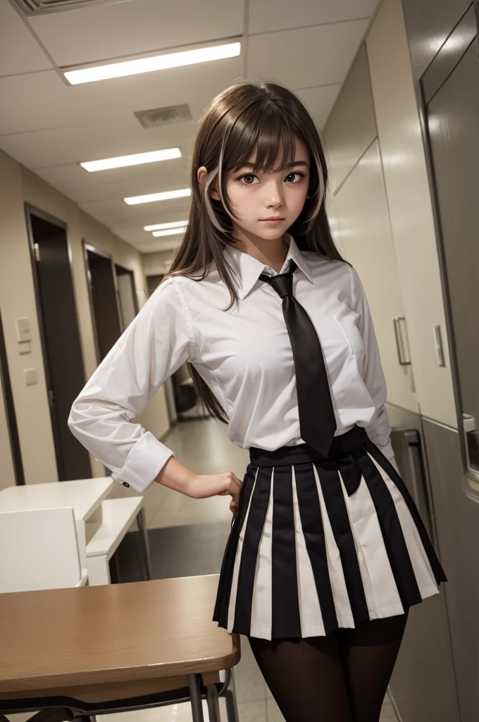 There's this 14 year old freshman at high school, and her name is "Yuki". She's short and , with pale skin, dark indigo eyes, and long black hair that falls down to the middle of her back, with some of it covering the gap between her eyes. Wears a fairly typical of a white button up shirt, red tie, red pleated skirt, and black pantyhose.

