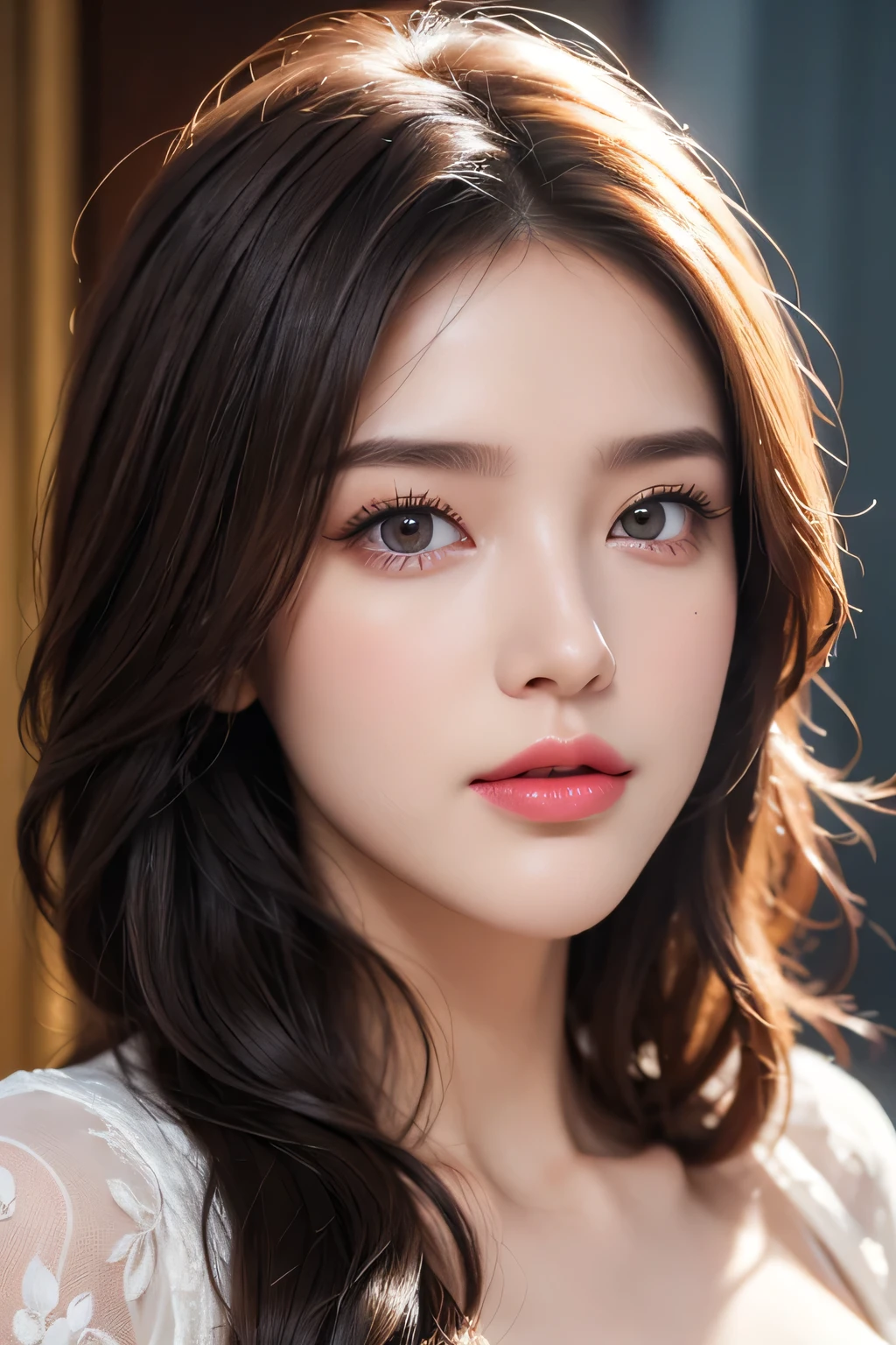 High-quality work,Realistic works,Super premium graphics,8K HD CG works,high quality graphics,High-definition and exquisite CG works,10x pixels,Ultra-fine details:1.1,Advanced technical details:1.1Realistic photo effects,Interior lighting effects:1.5,natural soft light:1.5. Light effect(Virtual light effects:1.8),Ultra-high resolution,shining dress,sliver long hair,silber hair,transparenthair,high detailed hair(Quality hair details:1.1)Clear eyes,Double eyelids look good,Sharp eye makeup, Create exquisite eyelash makeup, tthin eyebrows, Ultra-detailed eyes,a tall nose, lovely red lips, rosey cheeks, With delicate makeup on her face , pretty face, The face shape is perfectly proportioned,(Advanced facial details:1.1)(bionde),((((A face waiting for a kiss)),((Approaching kissing face))),((Urgent kissing face)))、Focus on the face、White、Eye color random ,Women's artwork,Dress full body video,Reality,Amazing Cleavage,My eyes are very bright today
