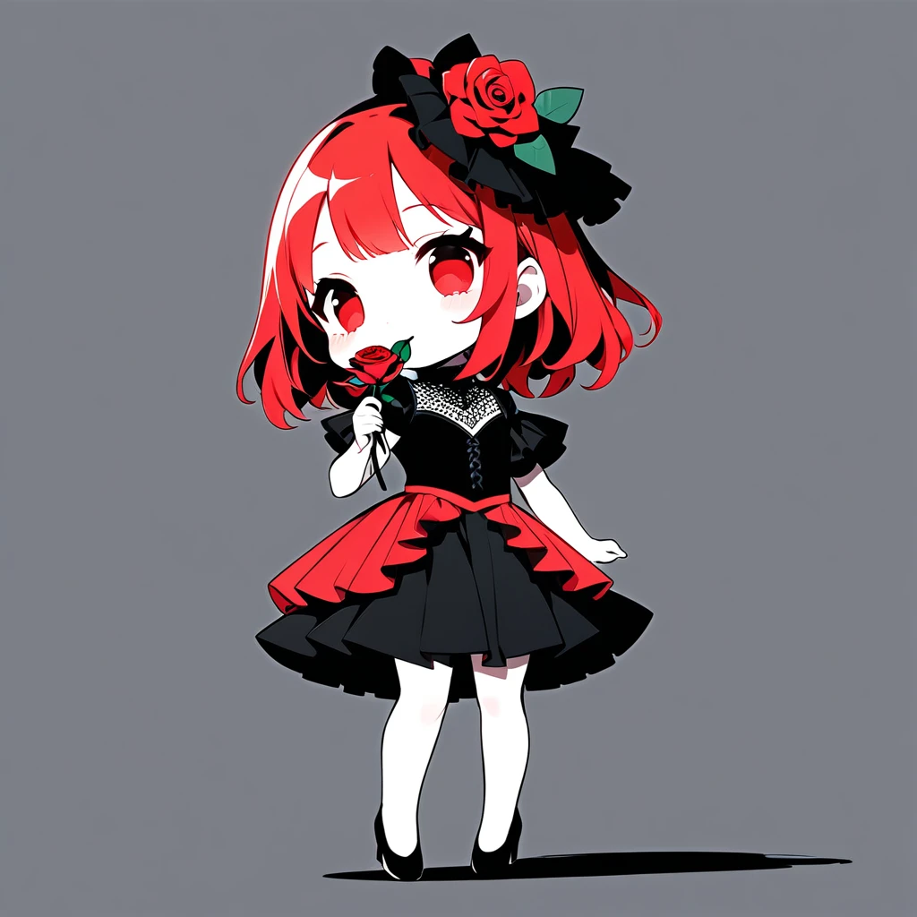 ultra-small deformation, Chibi Cute, 1girl, solo, full body, flamenco dancer costume, holding a rose flower in mouth, High contrast and vivid color, simple background