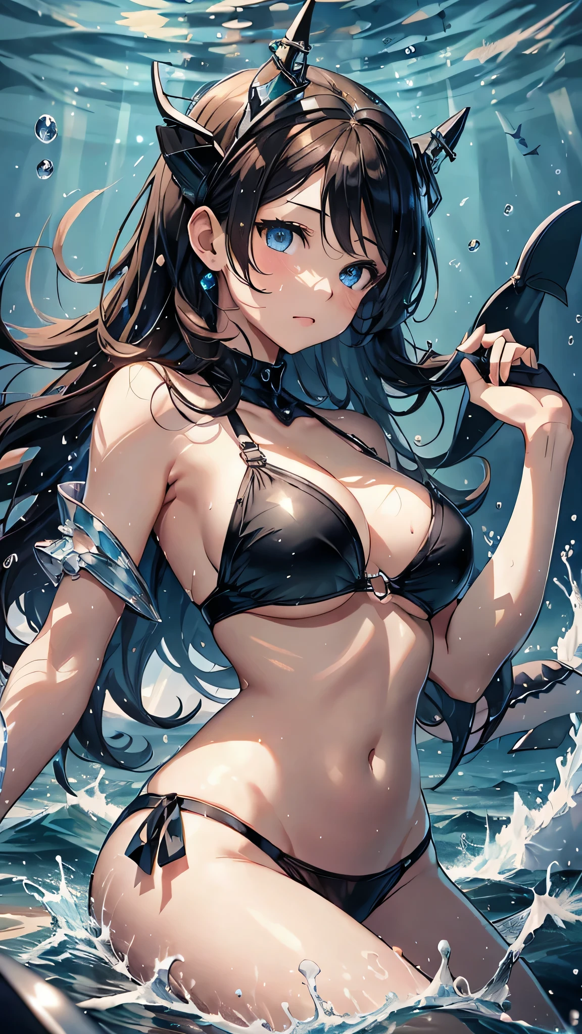 最high quality、Best image quality、masterpiece、With a girl((cute、、Best Bust、Medium Bust、Beautiful Blue Eyes、Spread your chest wide,Black Hair、Disheveled Hair、thin、Highest Valley、Black Bikini(1:2)、My whole body is wet、swim、Sea Floating、Have a cider)）high quality、Beautiful art、background((Sea、deep sea、shark、Space Sky、Whales、Dolphin)),Tabletop、Exquisite design、Visual Arts、Written boundary depth、Best lighting、Highest detail、8ｋ