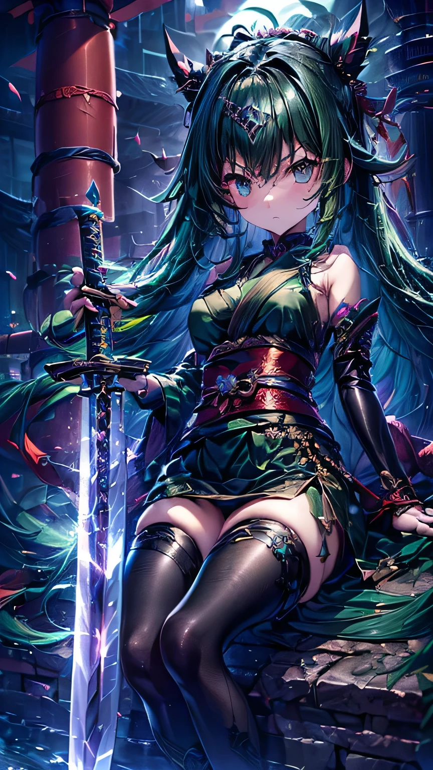(((Personification of Yamata no Orochi))) (Beauty)、(Black snake print tights)、(((Japanese style goth ))) (Dark green hair)、(Use a sword)
