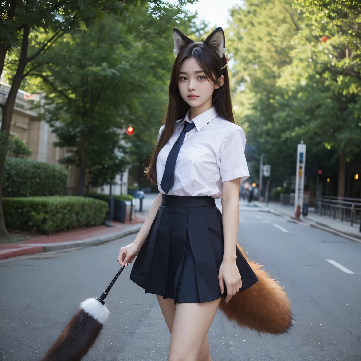 ((Highest quality)), ((masterpiece)), (Get used to it), Perfect Face, Fox Girl, Beautiful woman, public, Female college student, uniform, Inner skirt tail, She hides her fox tail with her skirt, She has a bushy tail, Troubled face