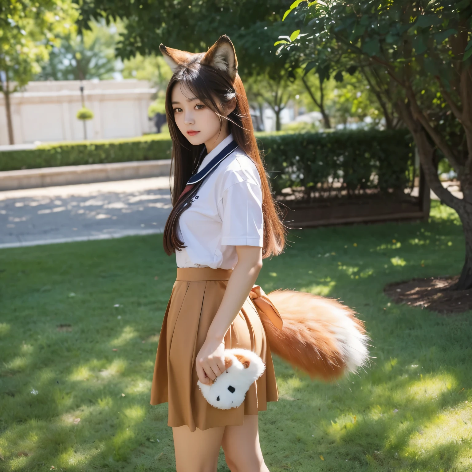 ((Highest quality)), ((masterpiece)), (Get used to it), Perfect Face, Fox Girl, Beautiful woman, public, Female college student, uniform, Inner skirt tail, She hides her fox tail with her skirt, but the tail is visible., She has a bushy tail, Troubled face