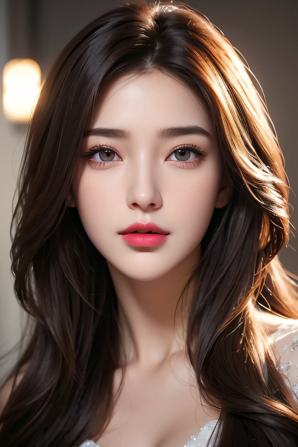 High-quality work,Realistic works,Super premium graphics,8K HD CG works,high quality graphics,High-definition and exquisite CG works,10x pixels,Ultra-fine details:1.1,Advanced technical details:1.1Realistic photo effects,Interior lighting effects:1.5,natural soft light:1.5. Light effect(Virtual light effects:1.8),Ultra-high resolution,shining dress,sliver long hair,silber hair,transparenthair,high detailed hair(Quality hair details:1.1)Clear eyes,Double eyelids look good,Sharp eye makeup, Create exquisite eyelash makeup, tthin eyebrows, Ultra-detailed eyes,a tall nose, lovely red lips, rosey cheeks, With delicate makeup on her face , pretty face, The face shape is perfectly proportioned,(Advanced facial details:1.1)(bionde),((((A face waiting for a kiss)),((Approaching kissing face))),((Urgent kissing face)))、Focus on the face、White、Eye color random ,Women's artwork,Dress full body video,Reality,Amazing Cleavage,My eyes are very bright today