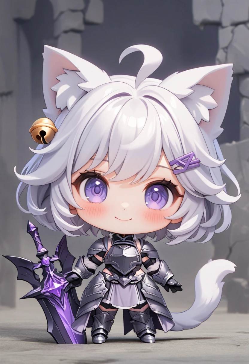 master piece, best quality, ultra-detailed, illustration, 1girl, solo, chibi, (big head), cute pose, front view, looking at viewer, ((full body Close up)), Filiansailor, (purple hairclip:1.5), (hair bell:1.5), white hair, short hair, cat ears, ahoge, purple eyes, blush, smiling, fluffy tail, black knight armor, metal breastplate, black gauntlet, armored skirt, metal greaves, armored boots, (holding greatsword:1.5)battlefield background, gloomy atmosphere, broken castle, broken walls, broken windows