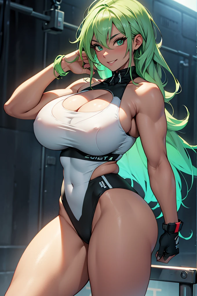 Perfect CG unity 8K UHD wallpaper( Latina girl with ((((( huge fake breasts：40.7 ))))) cleavage showing bodybuilder toned muscular body, pale skin, long dyed green hair, vibrant and shining eyes in the moonlight, long detailed eyelashes) seductive sexy smile facial expression, blushing, thick thighs, standing in a dynamic pose, in a gym, PERFECT MASTERPIECE, Best quality, best resolution, naked, nude #naked #nude