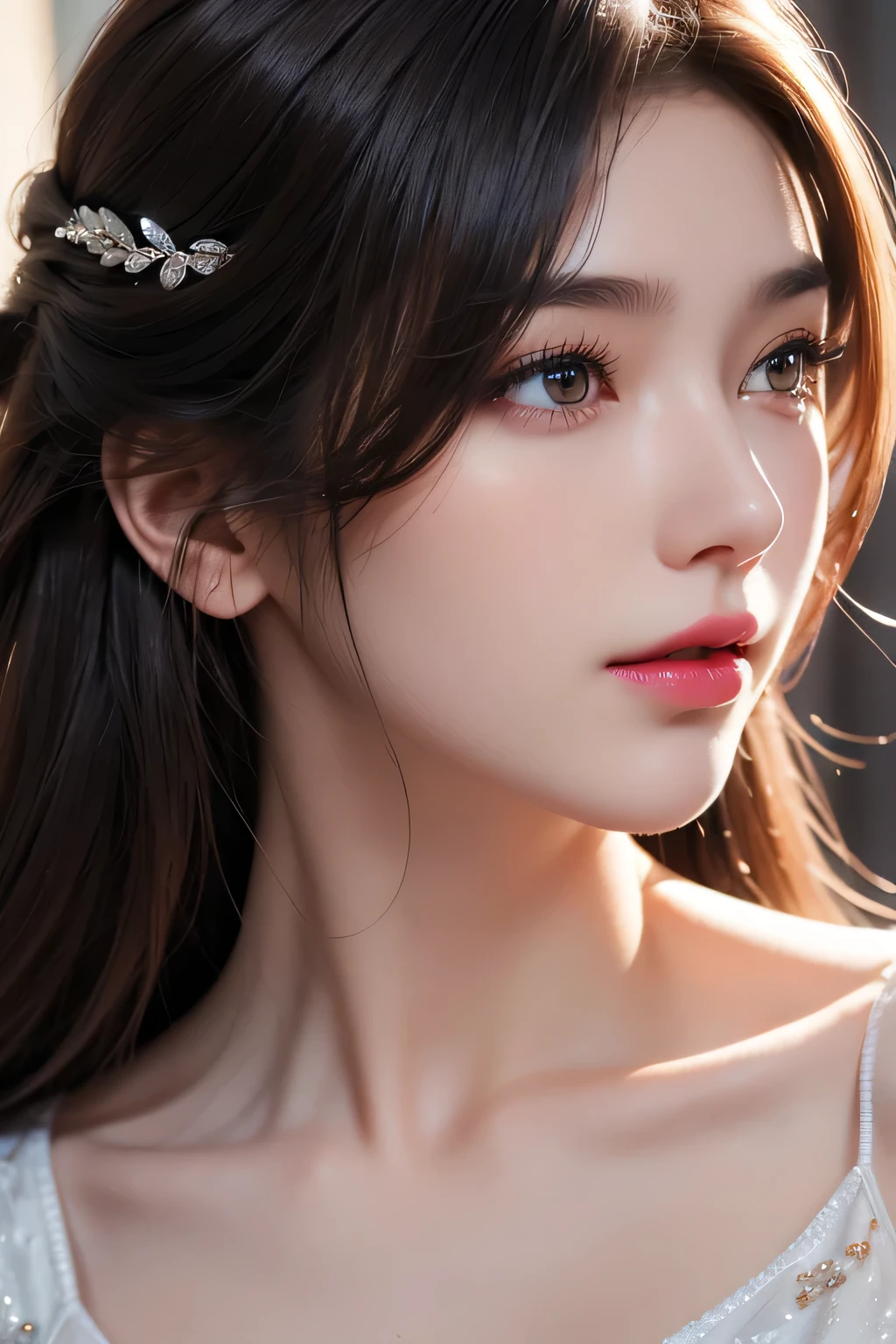 High-quality work,Realistic works,Super premium graphics,8K HD CG works,high quality graphics,High-definition and exquisite CG works,10x pixels,Ultra-fine details:1.1,Advanced technical details:1.1Realistic photo effects,Interior lighting effects:1.5,natural soft light:1.5. Light effect(Virtual light effects:1.8),Ultra-high resolution,shining dress,sliver long hair,silber hair,transparenthair,high detailed hair(Quality hair details:1.1)Clear eyes,Double eyelids look good,Sharp eye makeup, Create exquisite eyelash makeup, tthin eyebrows, Ultra-detailed eyes,a tall nose, lovely red lips, rosey cheeks, With delicate makeup on her face , pretty face, The face shape is perfectly proportioned,(Advanced facial details:1.1)(bionde),((((A face waiting for a kiss)),((Approaching kissing face))),((Urgent kissing face)))、Focus on the face、White、Eye color random ,Women's artwork,Dress full body video,Reality,Amazing Cleavage,My eyes are very bright today