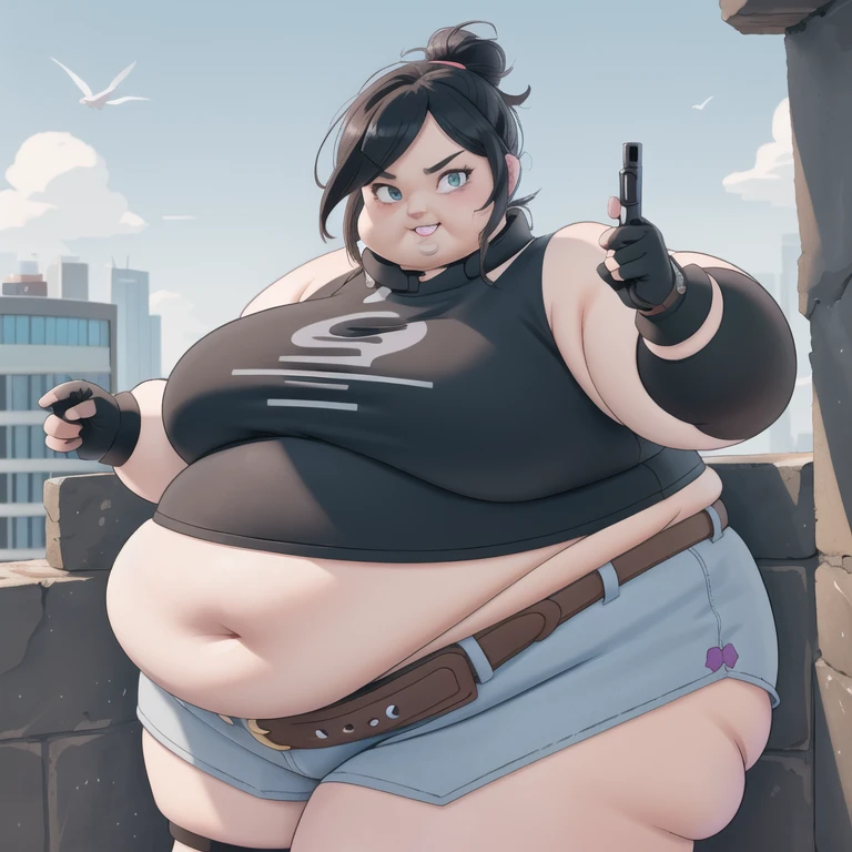 Fat JinxLol,mature  female,1 fat girl, SSBBW, solo,looking at viewer, navel, gloves, fingerless gloves, character name, midriff, bare shoulders, looking at viewer, gun, crop top, belt,outdoors,  