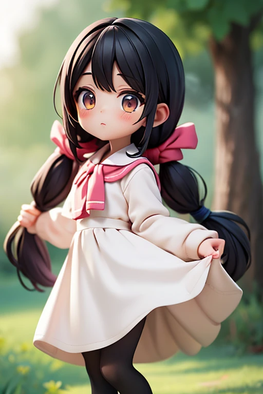 Young girl,,Primary school students,Wear a dress,Black Hair,Long Hair, Low twin tails
