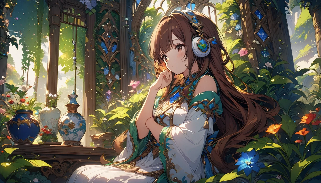 Brown-haired girl wearing headphones、Dreaming Garden - Highly detailed、masterpiece, Highest quality, Bright - with a beautiful garden as a backdrop、Dreamy look、Fantasy style attire、Sitting looking at a vase (Detailed fingers), (Emotional), (Breathtakingly beautiful), (main part:1.2 Whole body), (Anime Style), (Very detailed), (超High resolution, High resolution), (8k), (Complex and beautiful: 1.2)