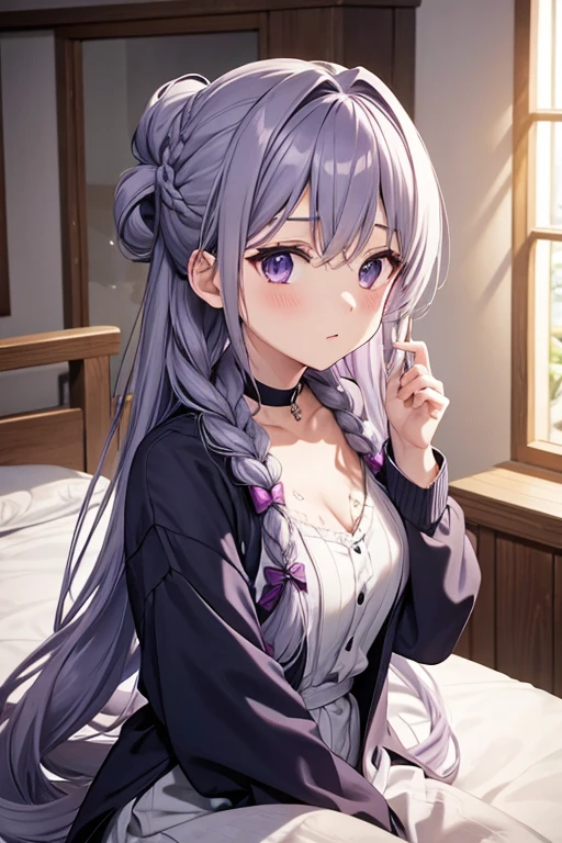 Adult Anime Girl 2d Long Hair Loose light Purple-Grayish, Age Adulthood adult, Getting a hairstyle Braids medieval all hair up, by herself in her room