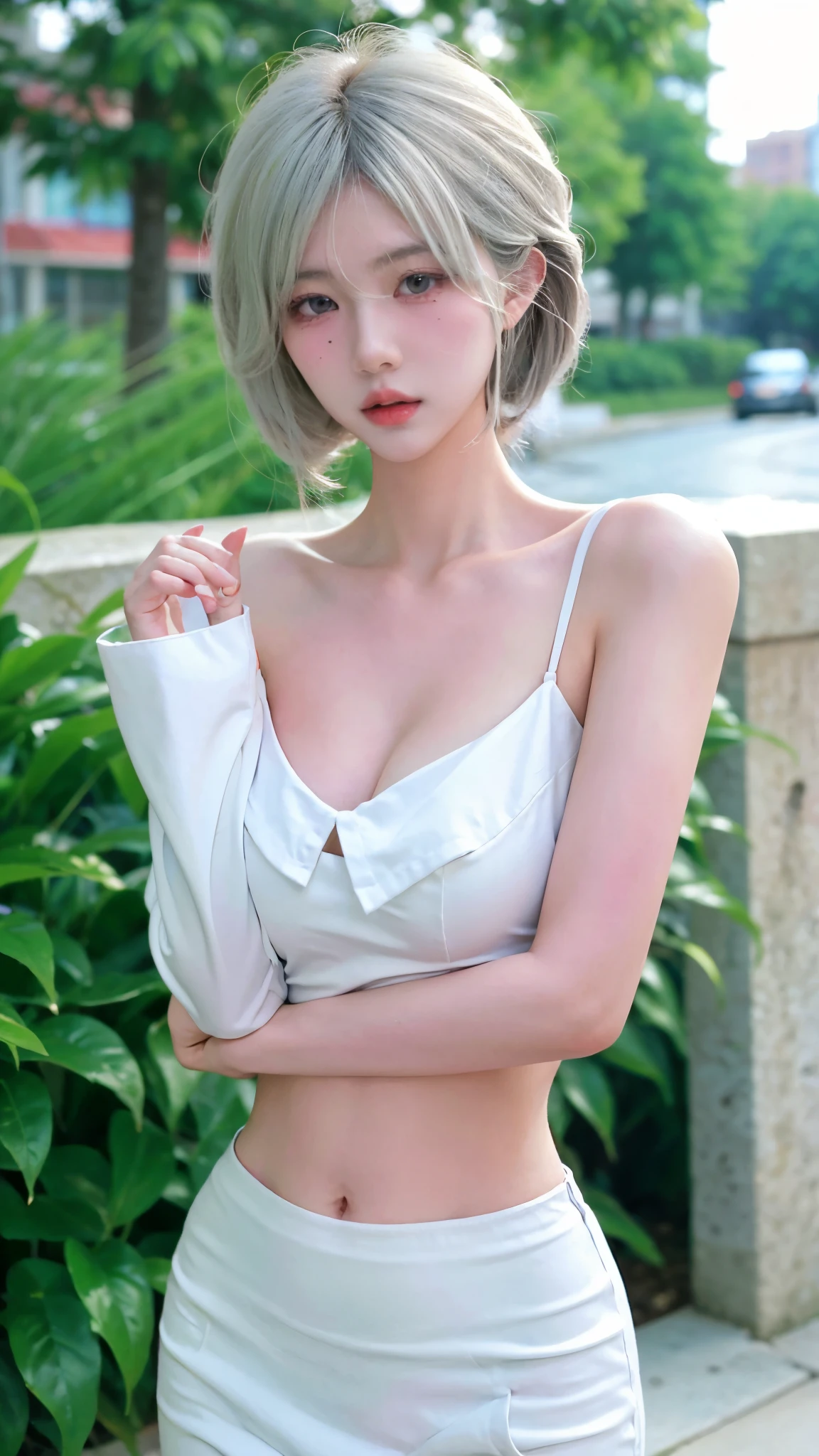 Beautiful woman with perfect figure:1.4，snow，Touching butt with both hands，snow背景，Layered Hairstyle，White skin，Prominent cleavage，Pleated Skirt，whole body，Very delicate face and skin texture，Double eyelids，Skin Whitening，Long white hair