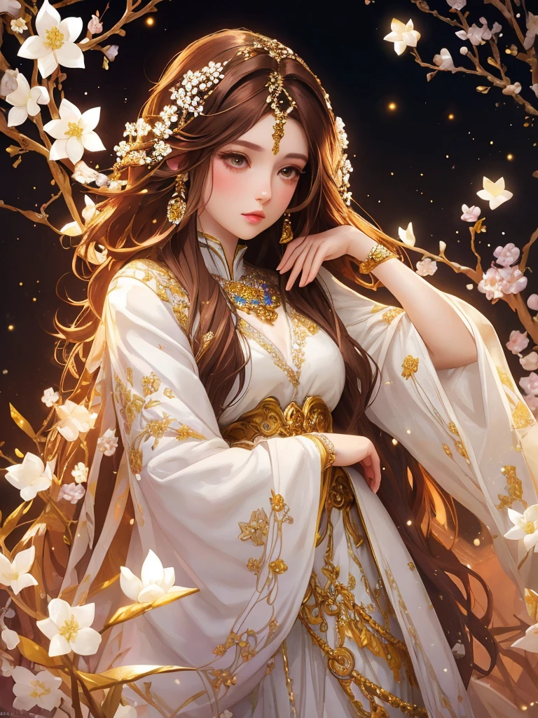 Dazzling colorful lights,Intricate details,whole like , brown hair with crystal details,Beautiful woman,There are white flowers in her hair,Pale skin,Light background,Fantasy art style,Kawajiri's wonderful illustrations,pastel colour,Inspired by anime aesthetics,Mysterious Light,Fantasy Style,clavicle,Exposed shoulders,Floating Feather,Shine in different colors,Anime Style.,Front angle of view、超High resolution,Textured skin,Attention to detail,Highest quality,Highest quality,Look forward、Wearing a kimono and facing the camera、The angle of the whole body is facing the camera.、Open your mouth and talk, close your eyes and meditate、Joining hands in prayer, Portraits, whole, smile, Speaking with a wide open mouth, Bringing images to humans、One girl, High resolution, Closed eyes, close your eyes、Smile with your teeth showing、Let's put our hands together and close our eyes meditation、Body facing the front camera、Healing、whole body、Prayer Pose、Close your eyes、Look in this direction、Close ~ Eyes standing picture, Closed eyes, Open your mouth a little, Smiling with teeth showing, close your eyes顔を寄せる, Close ~ eyes、Close your eyes、close your eyes、Close your eyeeditation、