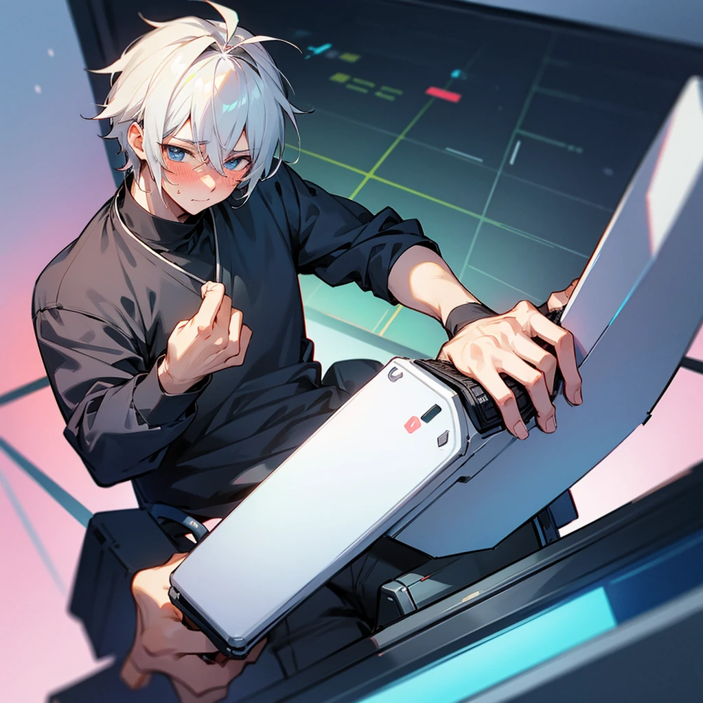 Anime man with hand on crotch and blushing, in front of a computer