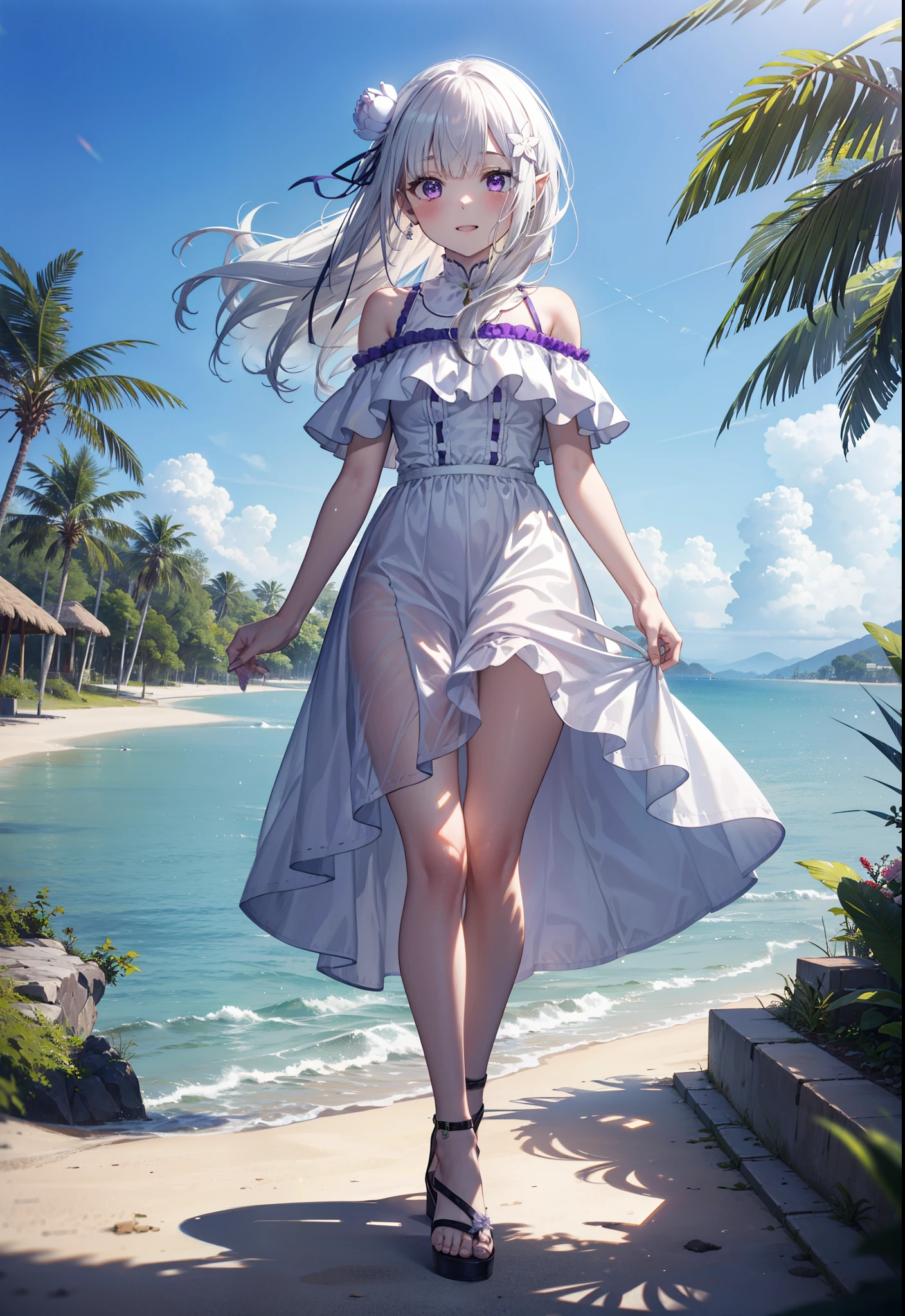rezeroEmilia, Emilia, Braiding, crown Braiding, flower, hair flower, hair ornaments, Hair Ribbon, Long Hair, low-tied Long Hair, (Purple eyes:1.2), Pointed Ears, white flower, x hair ornaments, Open your mouth,smile,blush,Off-the-shoulder dress,Short sleeve,Long skirt,Heeled Sandals,Walking,Daytime,Clear skies,True Summer,Palm tree,whole bodyがイラストに入るように,
break outdoors, tropical,In town,Coastal Road,
break looking at viewer, whole body,
break (masterpiece:1.2), Highest quality, High resolution, unity 8k wallpaper, (figure:0.8), (Beautiful attention to detail:1.6), Highly detailed face, Perfect lighting, Highly detailed CG, (Perfect hands, Perfect ???????),