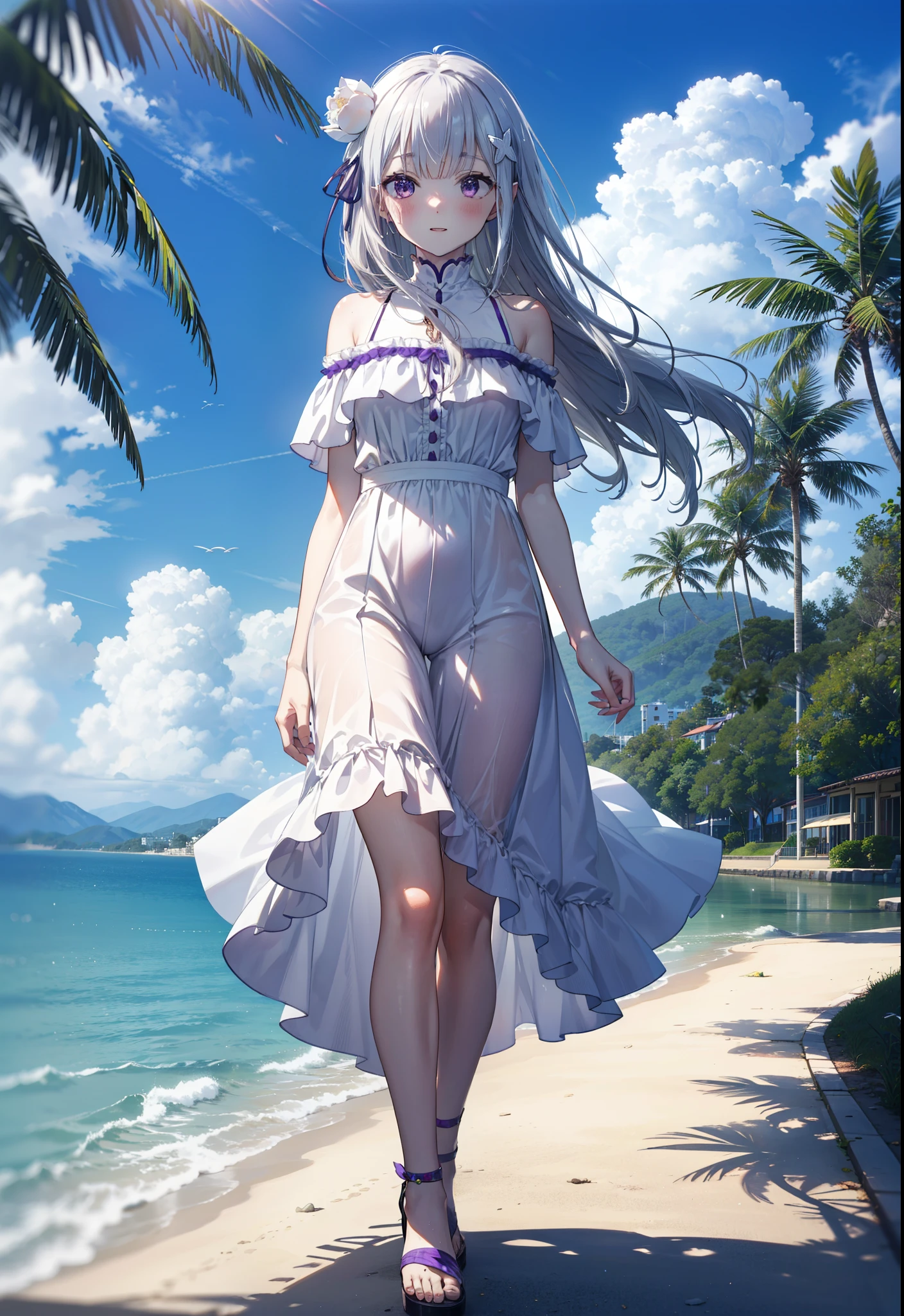 rezeroEmilia, Emilia, Braiding, crown Braiding, flower, hair flower, hair ornaments, Hair Ribbon, Long Hair, low-tied Long Hair, (Purple eyes:1.2), Pointed Ears, white flower, x hair ornaments, Open your mouth,smile,blush,Off-the-shoulder dress,Short sleeve,Long skirt,Heeled Sandals,Walking,Daytime,Clear skies,True Summer,Palm tree,whole bodyがイラストに入るように,
break outdoors, tropical,In town,Coastal Road,
break looking at viewer, whole body,
break (masterpiece:1.2), Highest quality, High resolution, unity 8k wallpaper, (figure:0.8), (Beautiful attention to detail:1.6), Highly detailed face, Perfect lighting, Highly detailed CG, (Perfect hands, Perfect Anatomy),