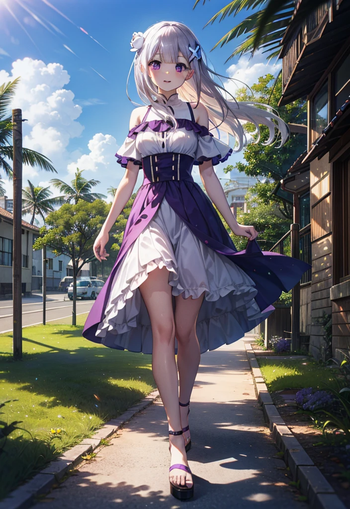 rezeroEmilia, Emilia, Braiding, crown Braiding, flower, hair flower, hair ornaments, Hair Ribbon, Long Hair, low-tied Long Hair, (Purple eyes:1.2), Pointed Ears, white flower, x hair ornaments, Open your mouth,smile,blush,Off-the-shoulder dress,Short sleeve,Long skirt,Heeled Sandals,Walking,Daytime,Clear skies,True Summer,Palm tree,whole bodyがイラストに入るように,
break outdoors, tropical,In town,Coastal Road,
break looking at viewer, whole body,
break (masterpiece:1.2), Highest quality, High resolution, unity 8k wallpaper, (figure:0.8), (Beautiful attention to detail:1.6), Highly detailed face, Perfect lighting, Highly detailed CG, (Perfect hands, Perfect Anatomy),