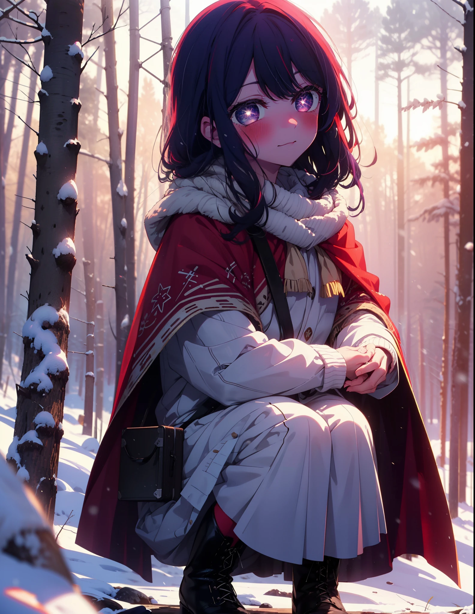 aihoshino, Ai Hoshino, Long Hair, bangs, (Purple eyes:1.1), Purple Hair, (Symbol-shaped pupil:1.5), smile,,smile,blush,white breath,
Open your mouth,snow,Ground bonfire, Outdoor, boots, snowing, From the side, wood, suitcase, Cape, Blurred, , forest, White handbag, nature, Squat, Mouth closed, Cape, winter, Written boundary depth, Black shoes, red Cape break looking at viewer, Upper Body, whole body, break Outdoor, forest, nature, break (masterpiece:1.2), Highest quality, High resolution, unity 8k wallpaper, (shape:0.8), (Beautiful and beautiful eyes:1.6), Highly detailed face, Perfect lighting, Extremely detailed CG, (Perfect hands, Perfect Anatomy),