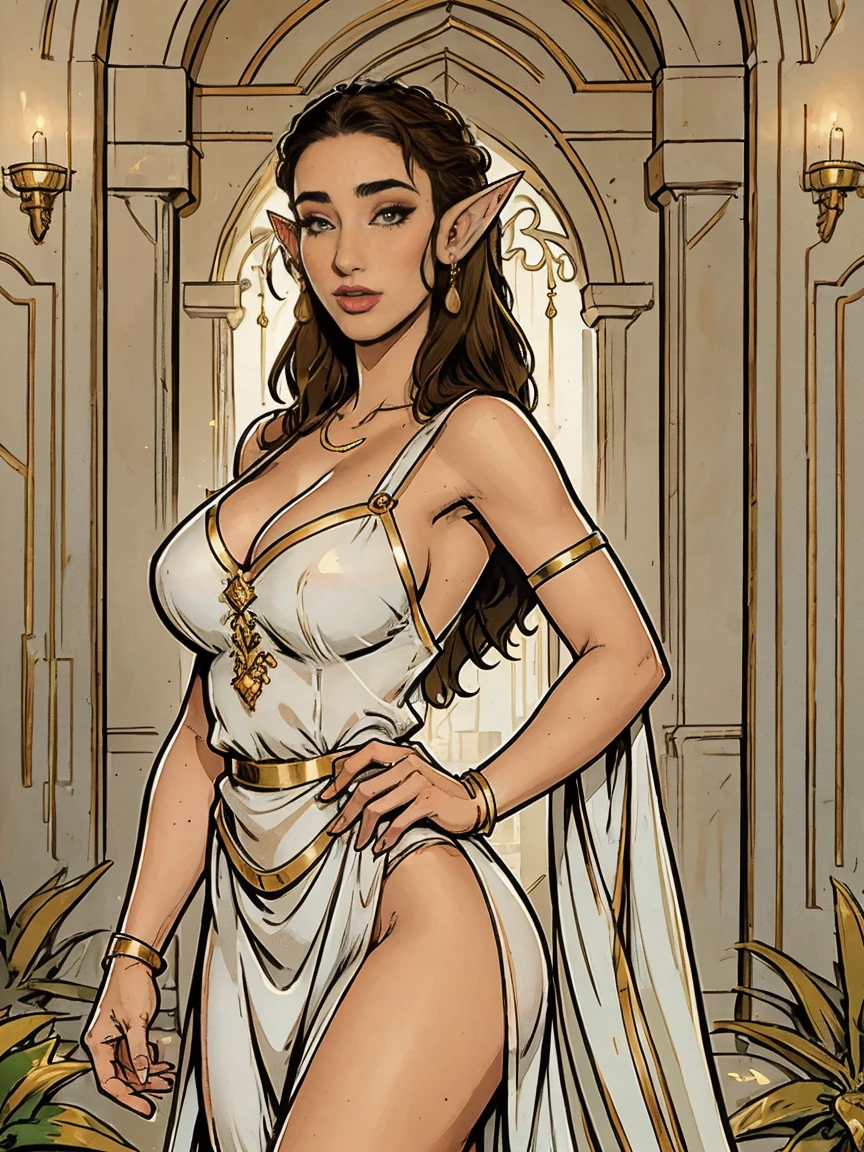 Extremely busty thin and toned brunette elf maiden, elegant woman, fair skin, loose updo, soft face, elf ears, athletic, (gigantic breasts), see-through white dress, loose and flowing dress, , backless, jewelry, bangles, gold accessories. detailed background, elvish garden, pavilion, elf city.